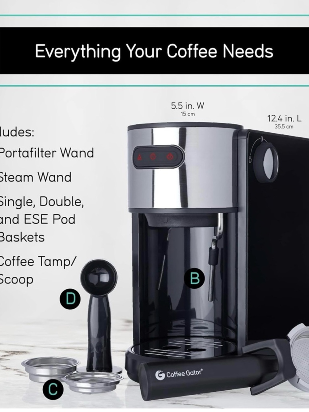 Black Espresso Machine with Steam Wand - Black